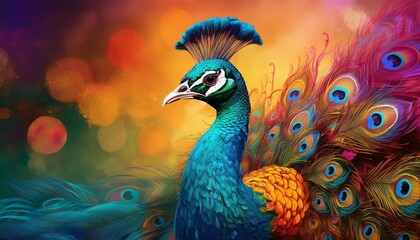Obraz premium colorful peacock on colorful background wallpaper generative ai