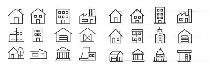 Collection of various building outlines representing different architectural styles at a design studio