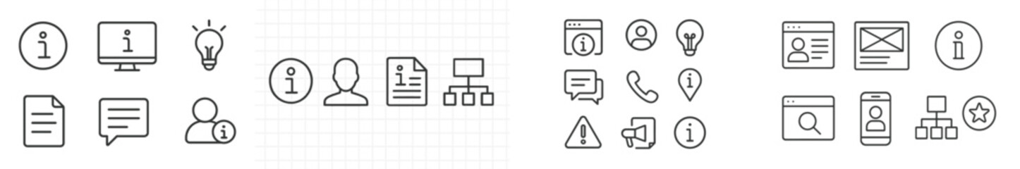 Collection of simple icons representing information, communication, and digital tools for various applications