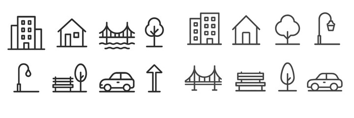 Various urban elements illustrated in minimalist icons representing city life and landscapes © icon_art