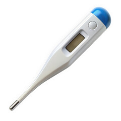 A digital thermometer featuring a blue top and a sleek white body, ideal for accurate temperature readings in a home or clinical setting.