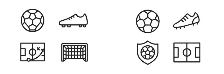 Icons depicting soccer elements including balls, shoes, field layout, and goals in a simple black and white design © icon_art