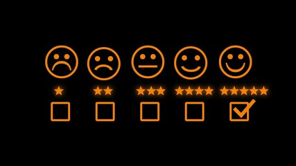 five points rating stars for review icon neon light outline on black background. Emoticon Feedback. Level Survey of Customer Satisfaction - Powered by Adobe