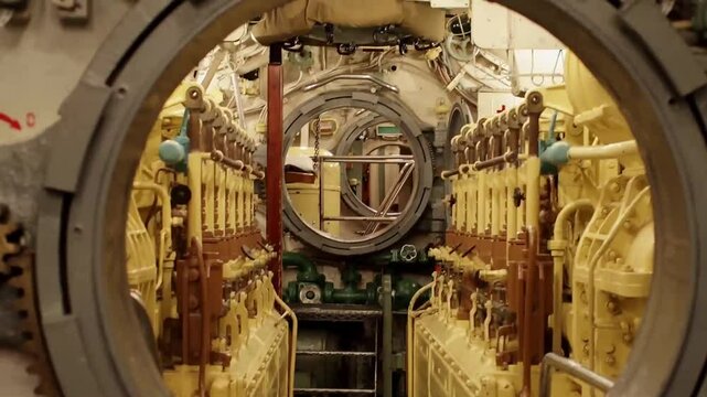 inside the submarine, open round strong hatchway
