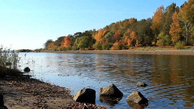 autumn landscape, blue river, sunny day, colorful