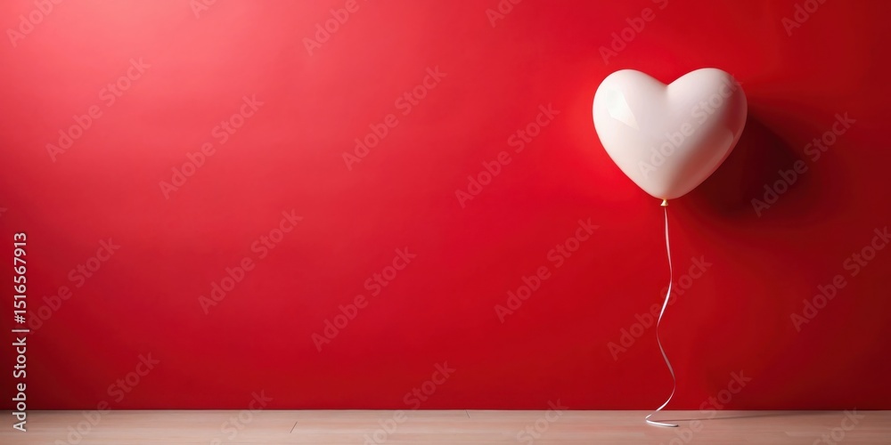 Poster a single off-white heart-shaped balloon floats gently against a vibrant red wall, creating a minimal
