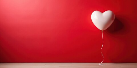 A single off-white heart-shaped balloon floats gently against a vibrant red wall, creating a minimalist yet romantic scene.