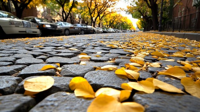 Cobblestone street lined with fallen yellow leaves during autumn daytime - Powered by Adobe