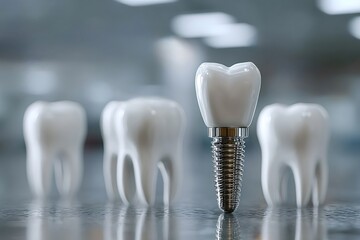 Dental implant standing out from other natural teeth promoting the importance of oral health and hygiene, showcasing the benefits of dental implants for replacing missing teeth and restoring smiles