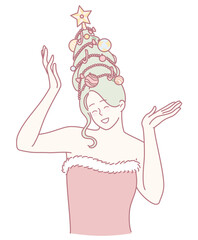 A uniquely creative hairstyle inspired by various Christmas themes, complete with ornaments and a shining star