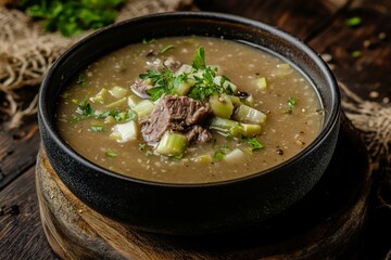 A bowl of soup with meat and vegetables in it