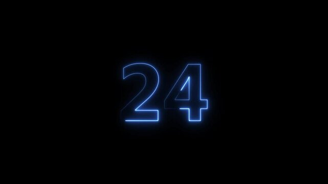 Number 24 neon bright royal blue color animation 4k video.