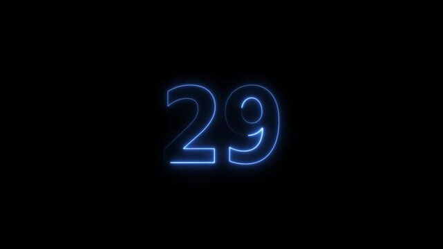 Number 29 neon bright royal blue color animation 4k video.