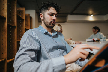 Fototapeta premium A man working with a digital tablet in a contemporary office, surrounded by colleagues in a collaborative environment.