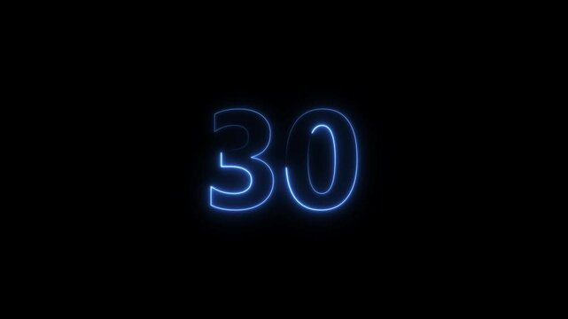 Number 30 neon bright royal blue color animation 4k video.