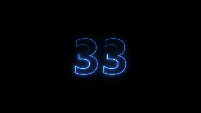 Number 33 neon bright royal blue color animation 4k video.