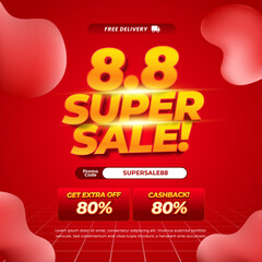 8.8 Super Sale discount deals Simple Red gradient Editable yellow text effect Fluid Promotion Marketing banner