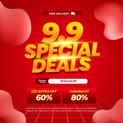 9.9 Special Sale discount deals Simple Red gradient Editable yellow text effect Fluid Promotion Marketing banner