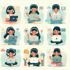 Minimalist flat vector of kids learning online with laptops, light background