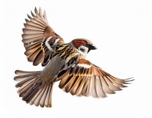 Obraz premium bird sparrow in mid flight with spread wings and feathers isolated on white background