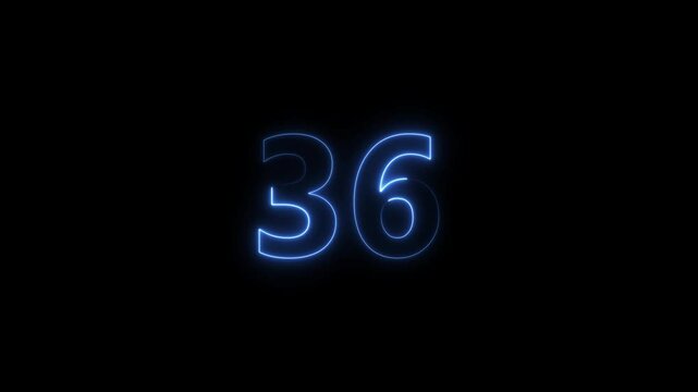 Number 36 neon bright royal blue color animation 4k video.