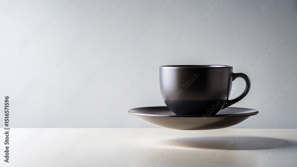Poster a dark cup and saucer appear to levitate on a white surface against a simple background