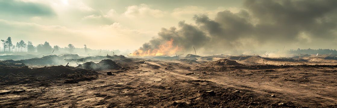 Desolate battlefield scene with trenches. Smoke, fire rise. Destroyed landscape after war. Earth, sky background. Disaster, crisis concept. Military conflict background.