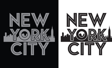 NEW YORK CITY vector T-shirt design, bold lines. Empire State, One WTC, bus, taxi, street view. "NEW YORK CITY" top left. Minimal style.