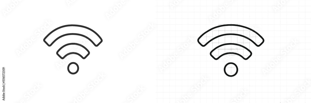 Poster Wireless signal icon design variations displayed on different backgrounds with grid pattern on one side