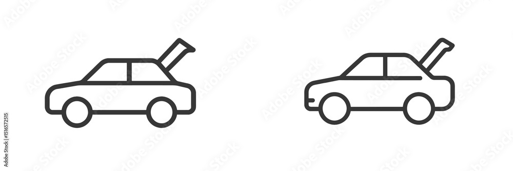 Aufkleber outline sketches of two cars, one with an open trunk, illustrating different states for a concept de
