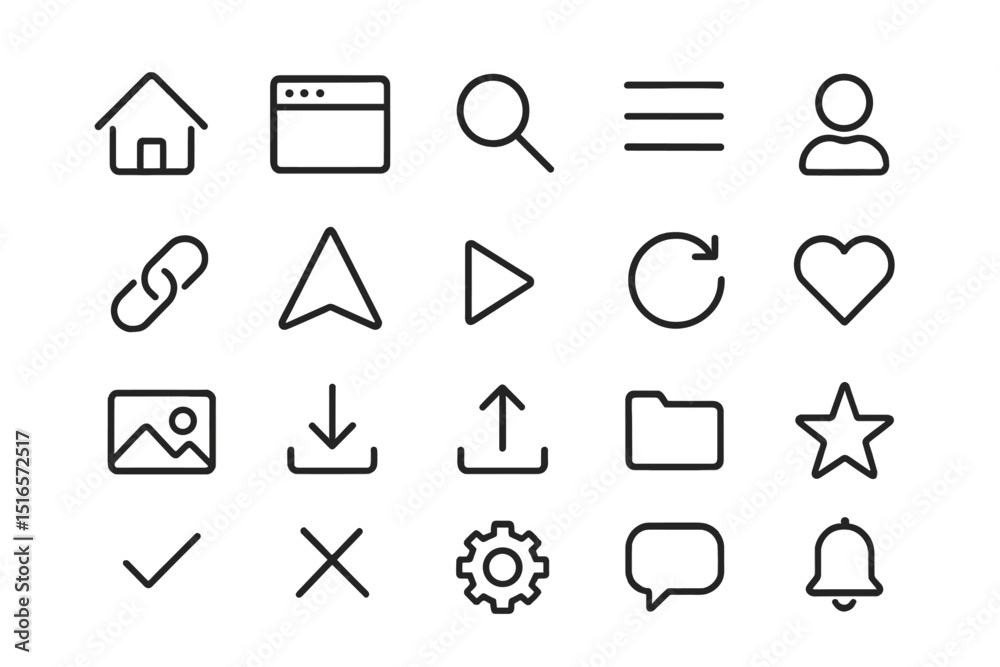 Poster collection of simple line icons representing various digital functions and actions for user interfac