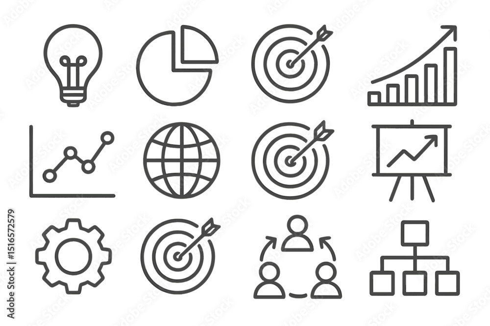 Poster Collection of business and analytics icons representing planning, growth, and teamwork concepts in a modern design