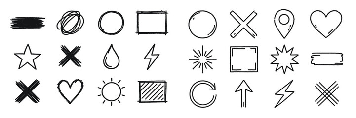 Creative collection of hand-drawn doodle symbols and icons useful for design projects and artistic expressions