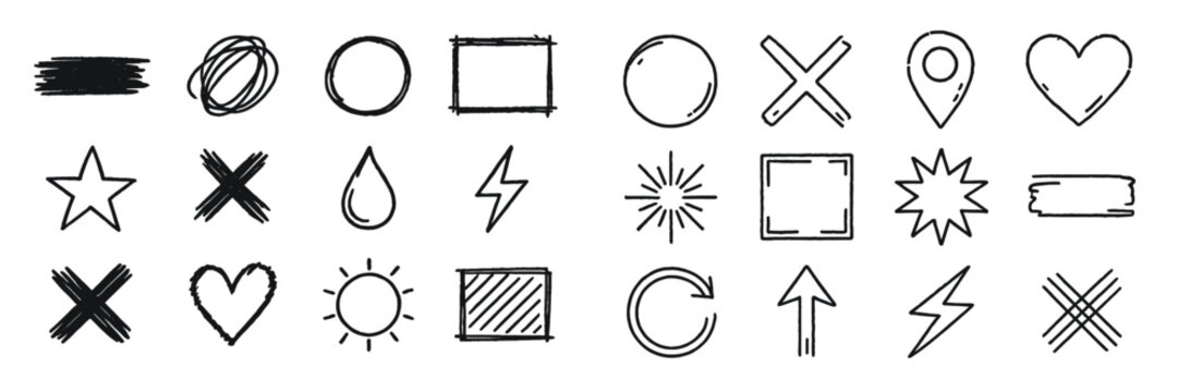 Creative collection of hand-drawn doodle symbols and icons useful for design projects and artistic expressions