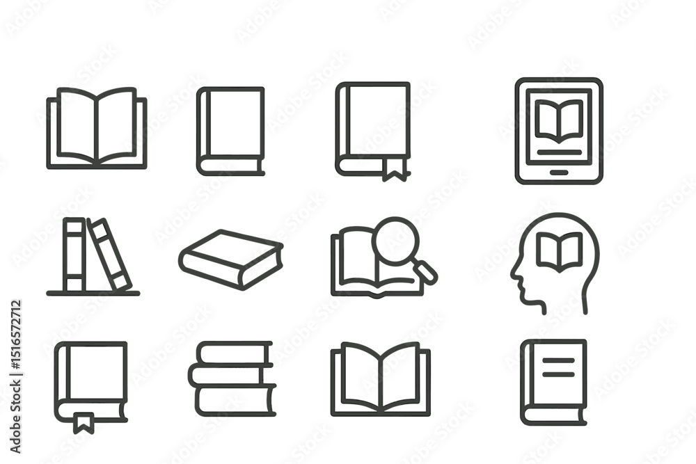 Poster Different types of books and reading materials represented in simple line graphics suitable for educational purposes