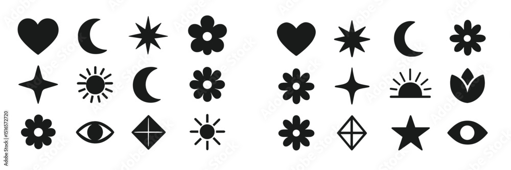 Fototapete collection of simple black shapes representing nature and celestial elements in a minimalist design