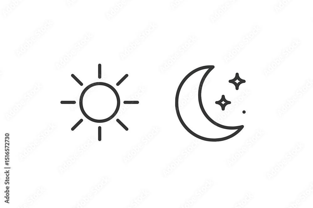 Poster Sun and moon icons representing day and night in simple line art style for graphic designs and illustrations