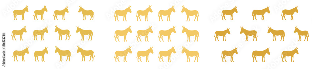 Poster collection of golden donkey silhouettes arranged in even rows showcasing simple animal design and ae