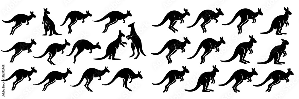 Aufkleber Silhouettes of kangaroos in various poses showcasing movement and interaction in a graphic design format