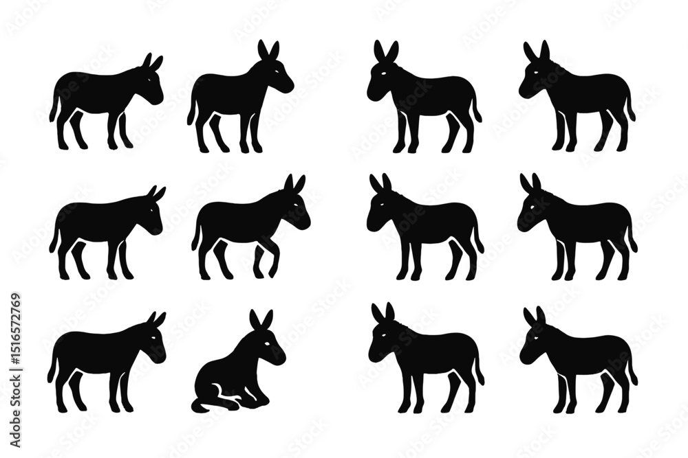 Aufkleber Unique black silhouette designs of donkeys arranged in a grid pattern for creative artwork or graphic design projects