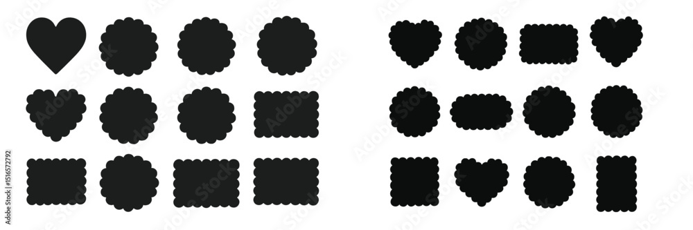 Poster variety of scalloped and heart-shaped black cutouts arranged in a grid pattern on a white background