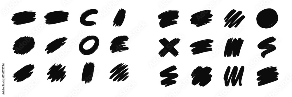 Poster Creative black brush strokes arranged in various shapes on a white background for design projects and artistic expression
