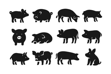 Collection of black silhouettes depicting various farm animals including pigs, cows, and goats arranged artistically on a white background