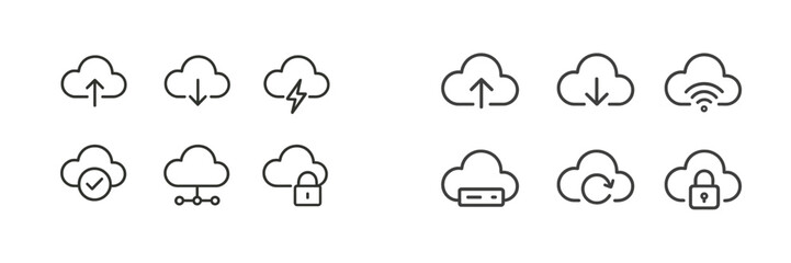 Collection of various cloud symbols illustrating different features and activities related to cloud computing and storage