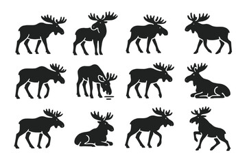 Fototapeta premium Various silhouettes of moose displaying different postures and movements in a natural setting