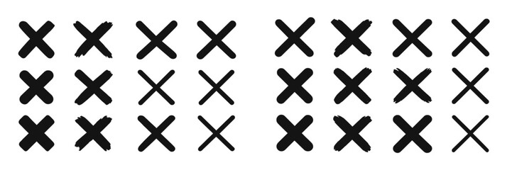 Fototapeta premium Collection of black crosses in varied styles arranged in a structured pattern on a white background