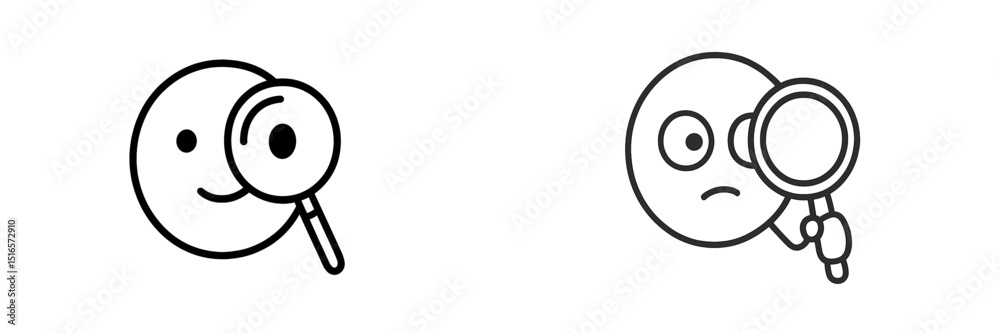 Poster playful and serious expressions of cartoon characters examining objects with a magnifying glass