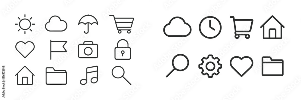 Fototapete Various icons representing different elements of daily life in a minimalistic design displayed on a white background