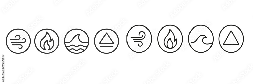 Aufkleber symbols representing the four elements of nature and their characteristics in a minimalist design