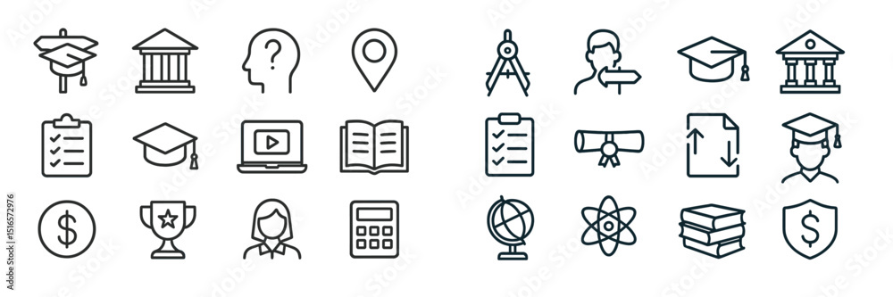 Aufkleber educational symbols and icons representing various academic activities and institutions in a minimal